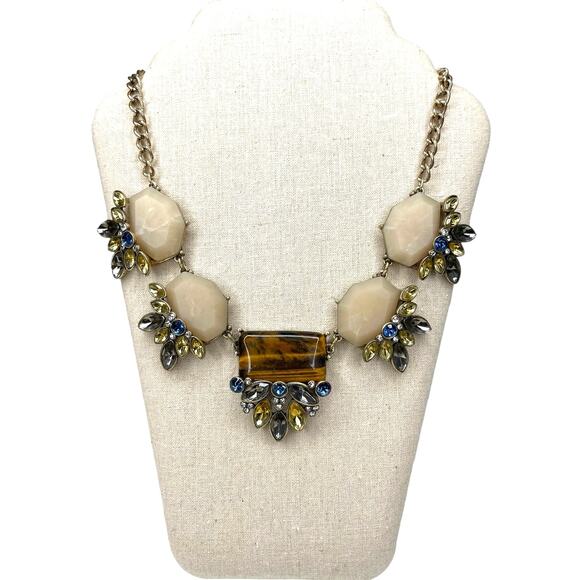 Statement Necklace Faux Stone, Tiger Eye and Rhinestones With Gold Tone Chain - Picture 1 of 9